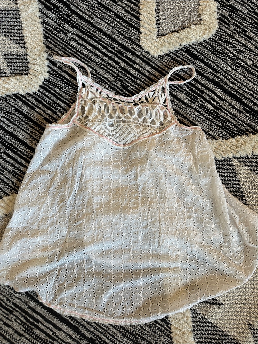 Free People Cream Eyelet Crochet Tank with Pink Trim